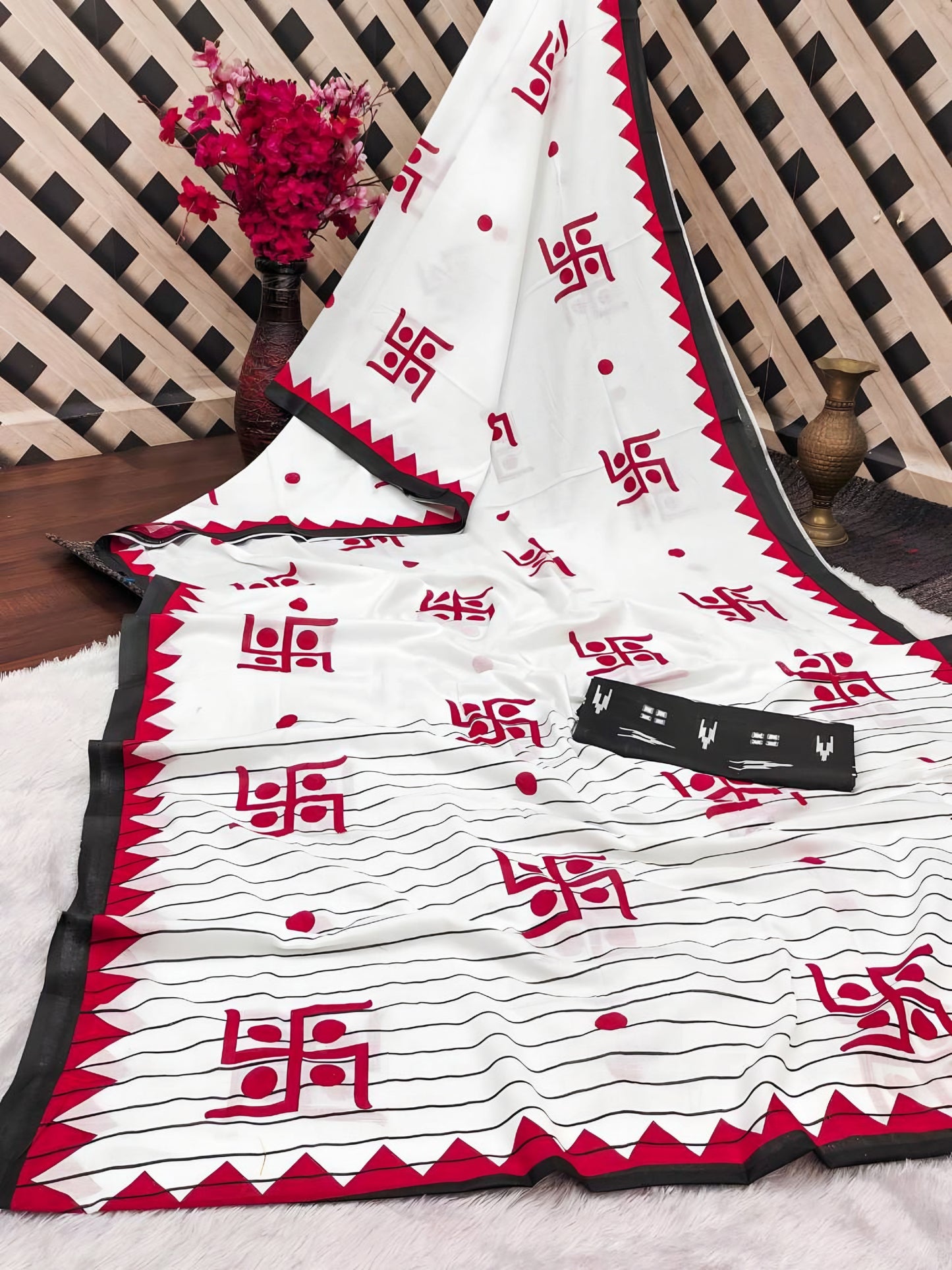 White Bandhani Cotton Linen Saree