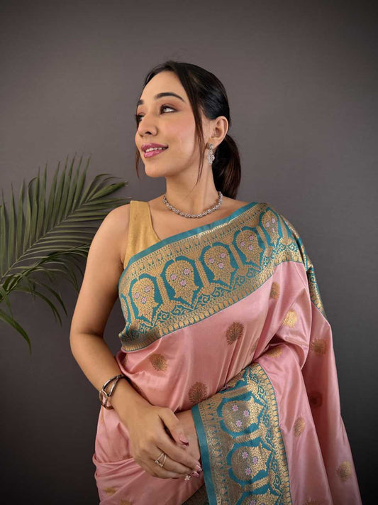 Pink Pure Soft Banarasi Silk Saree Contrast Weaving Border And Pallu