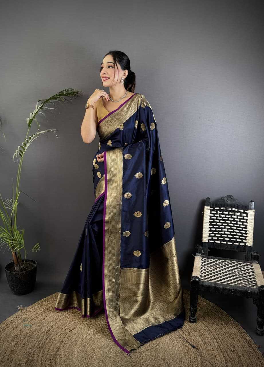 Black Color Hibiscus Banarasi Soft Silk Saree