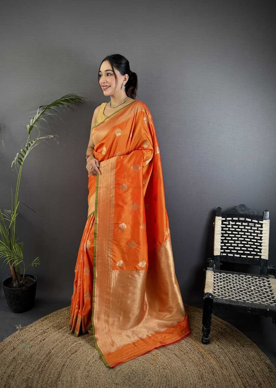 Orange Color Hibiscus Banarasi Soft Silk Saree