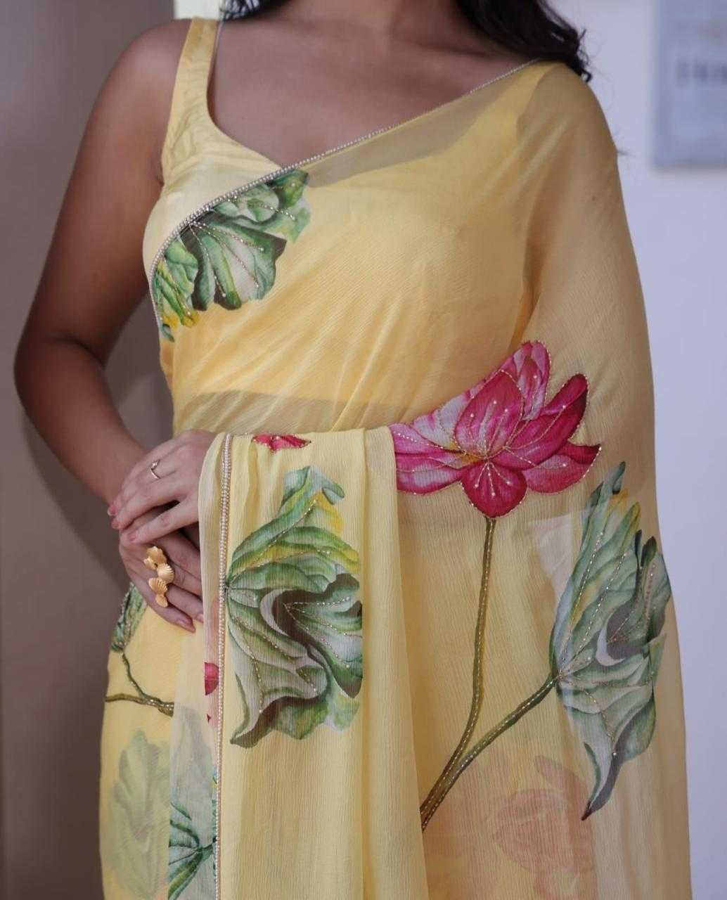 Pure Soft Yellow Chinon Silk Fabric with Heavy khatliwork Border