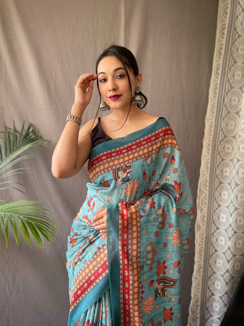 Pure Malai Sky Blue Cotton Saree With Elegant Kalamkari Pattern