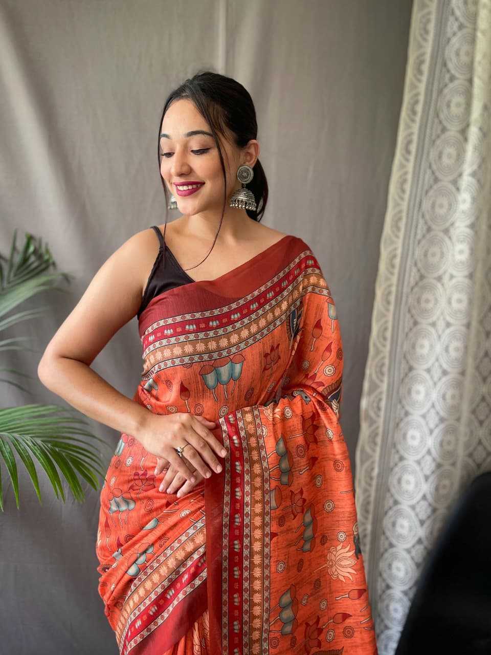 Pure Malai Orange Cotton Saree With Elegant Kalamkari Pattern