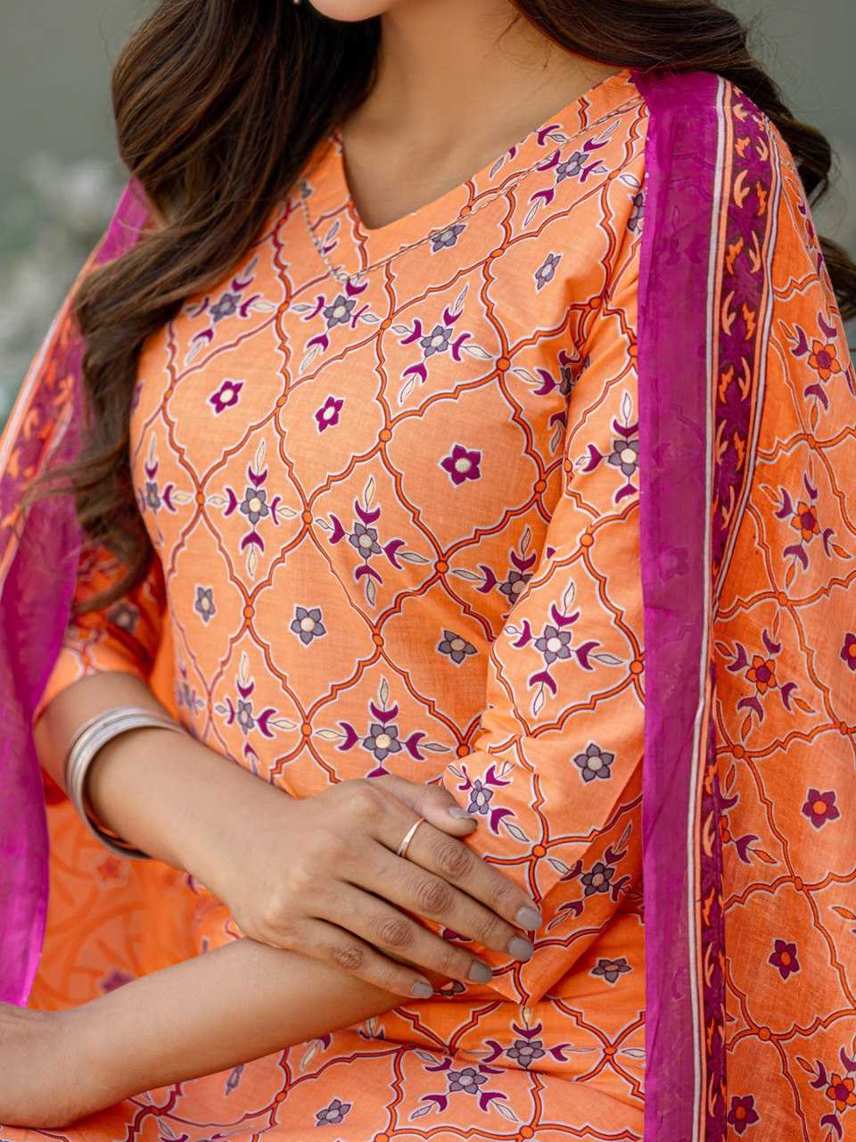 Orange Kurti Set with Cotton Blend Print