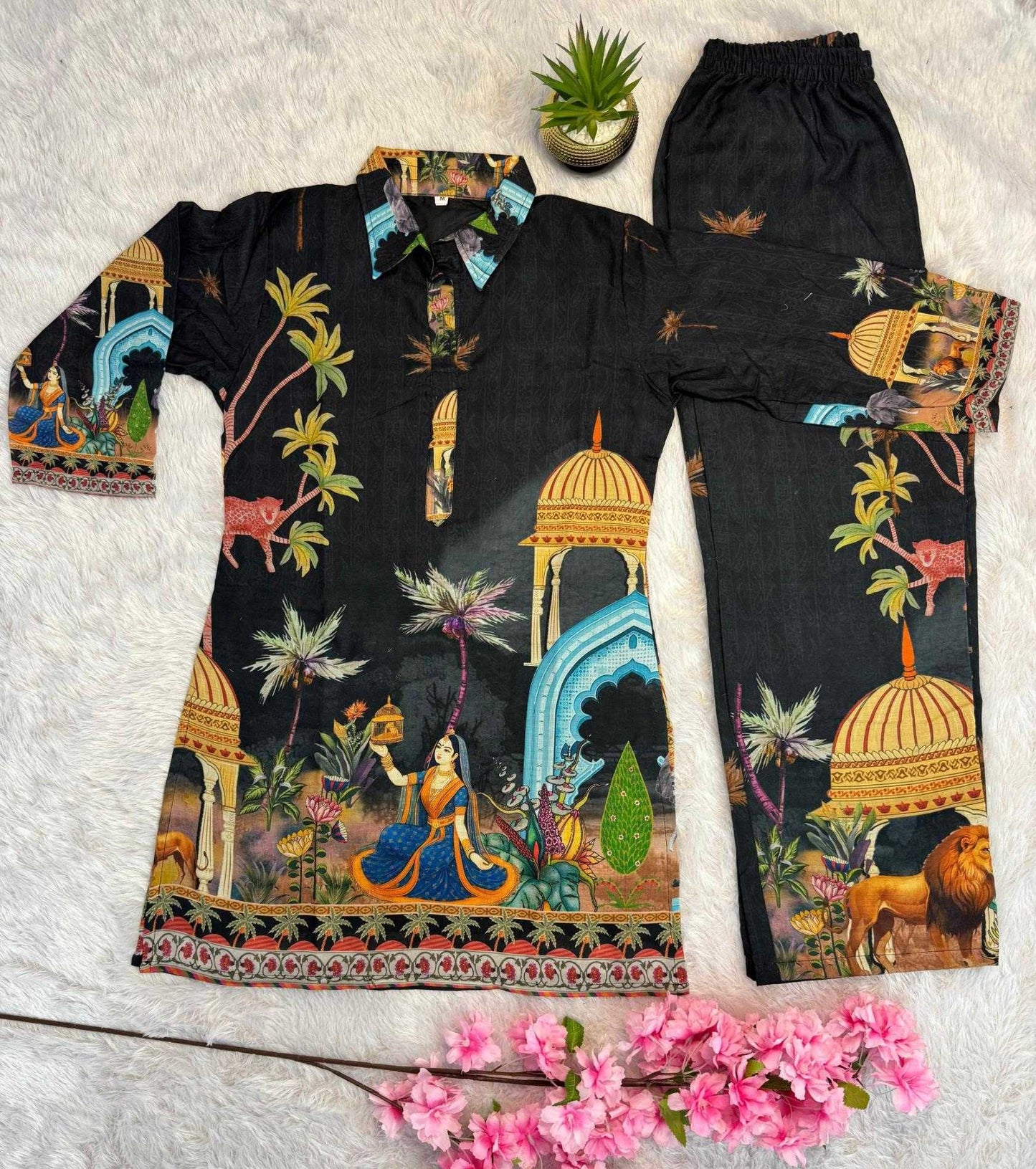 Traditional Print Co-ord set Black