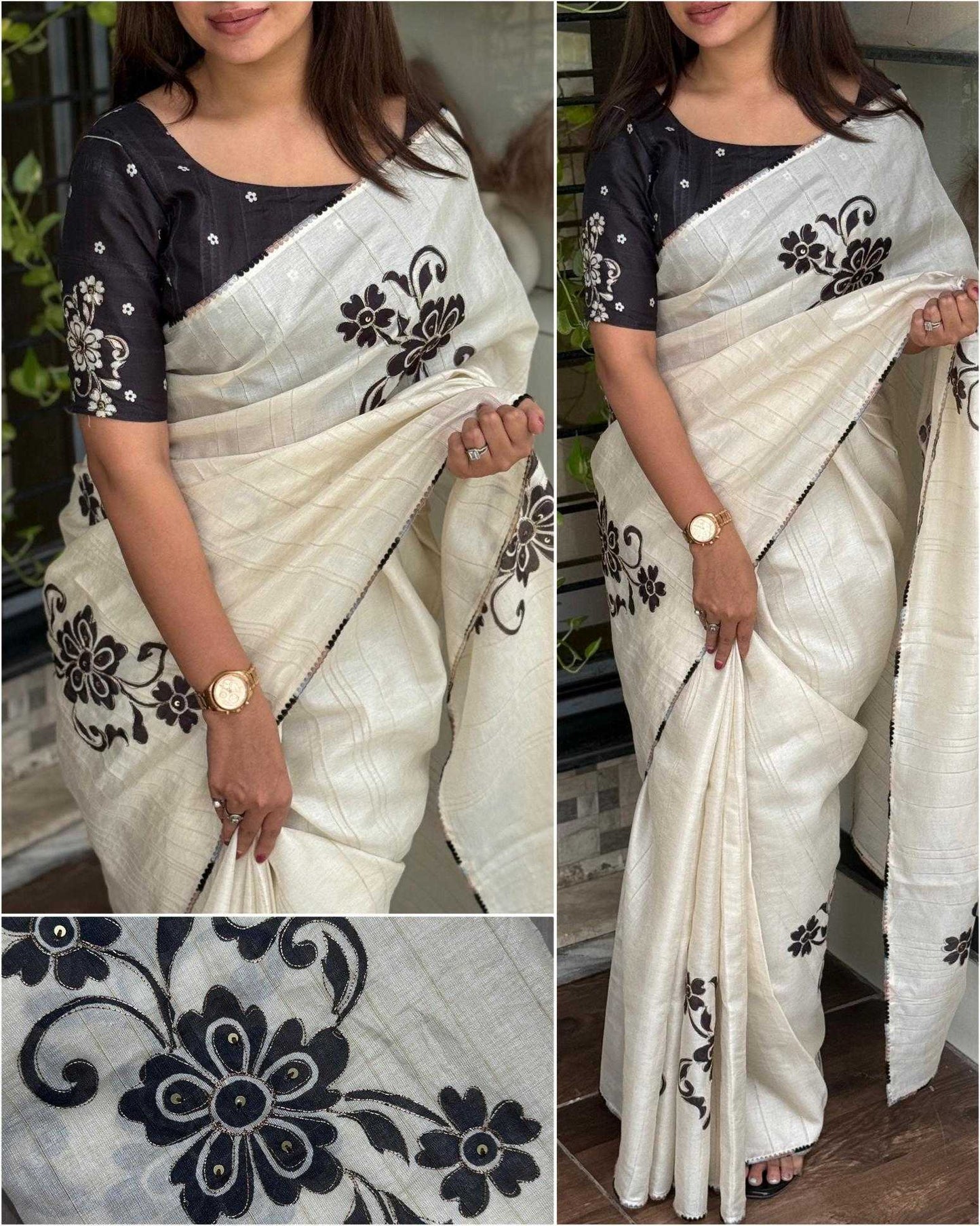 Black Cotton Linen Saree