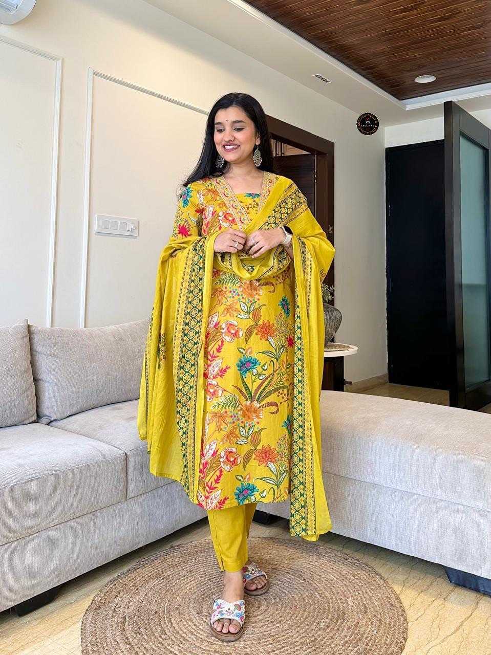 Yellow Color Floral Embroidery Kurti Set