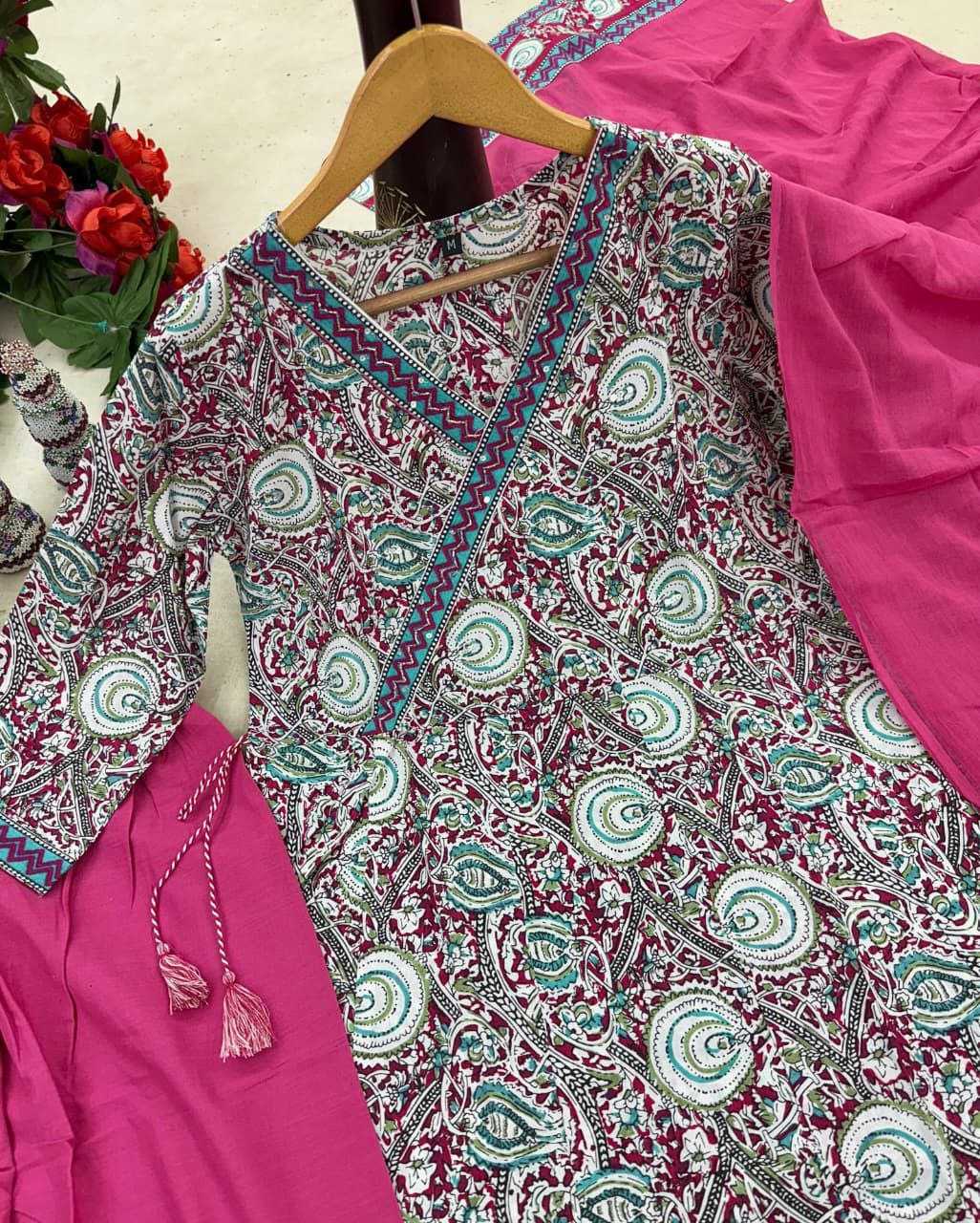Pink Anarkali set with Block type print