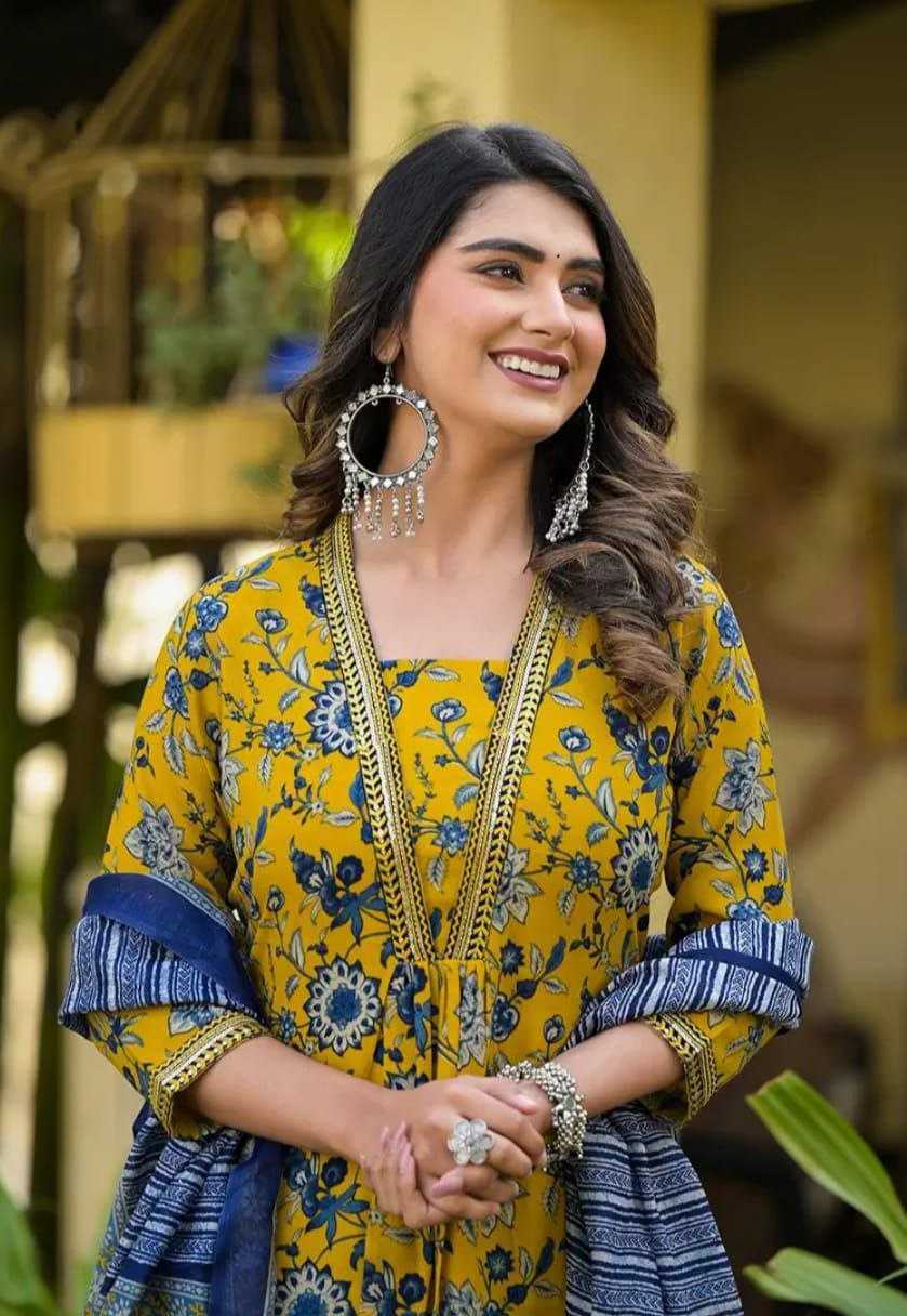 Yellow Floral Casual Cotton Blend Kurti