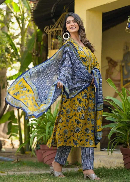 Yellow Floral Casual Cotton Blend Kurti