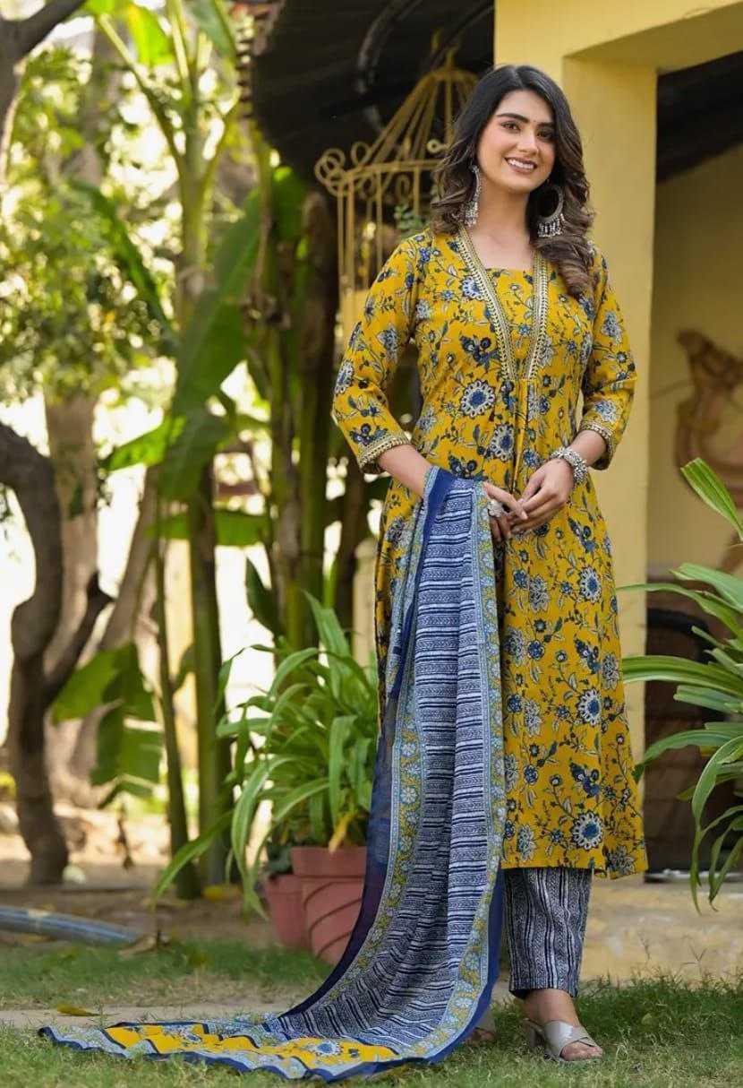 Yellow Floral Casual Cotton Blend Kurti