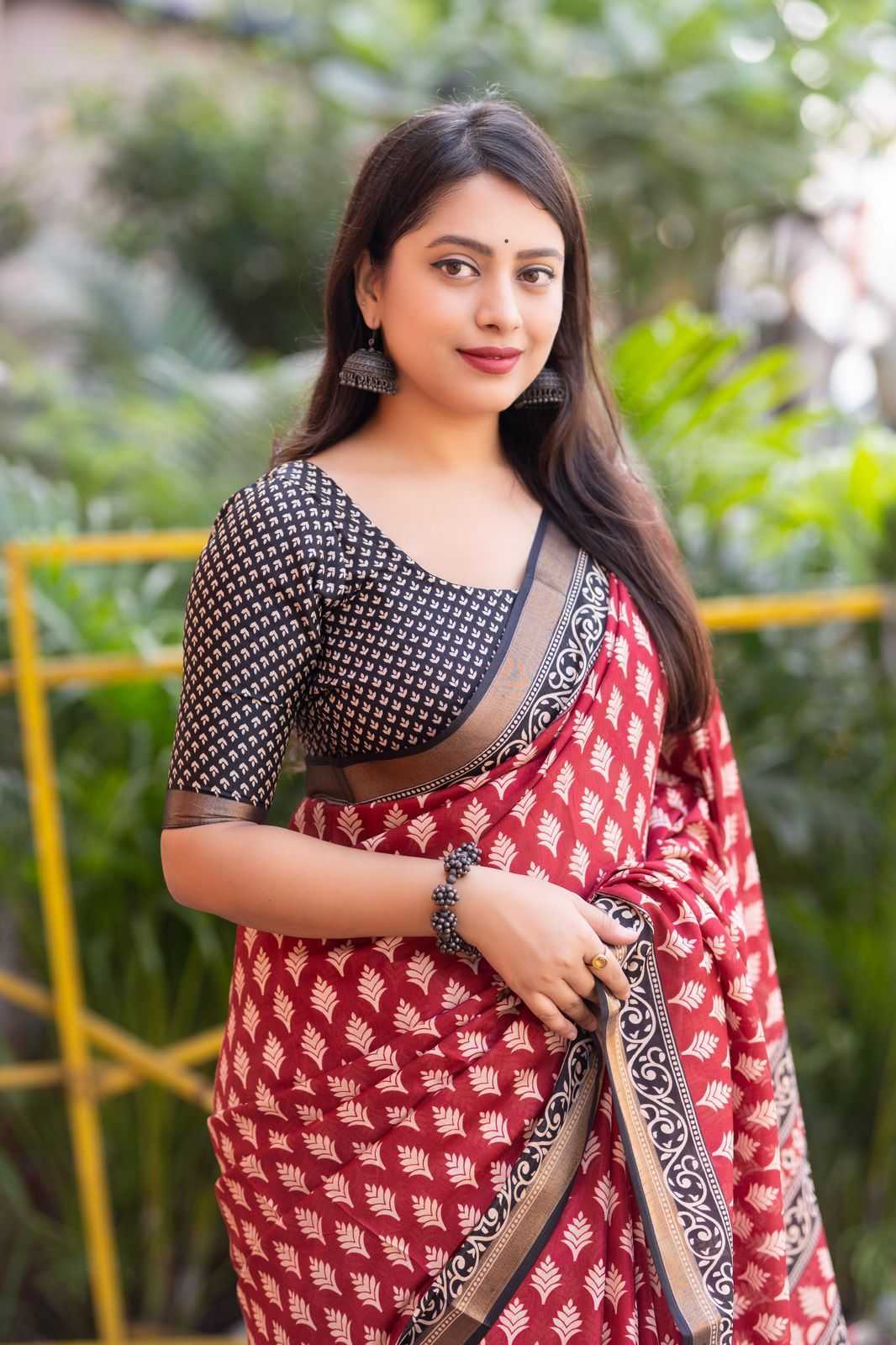 Red Color Cotton Linen Saree with Ajrakh Print