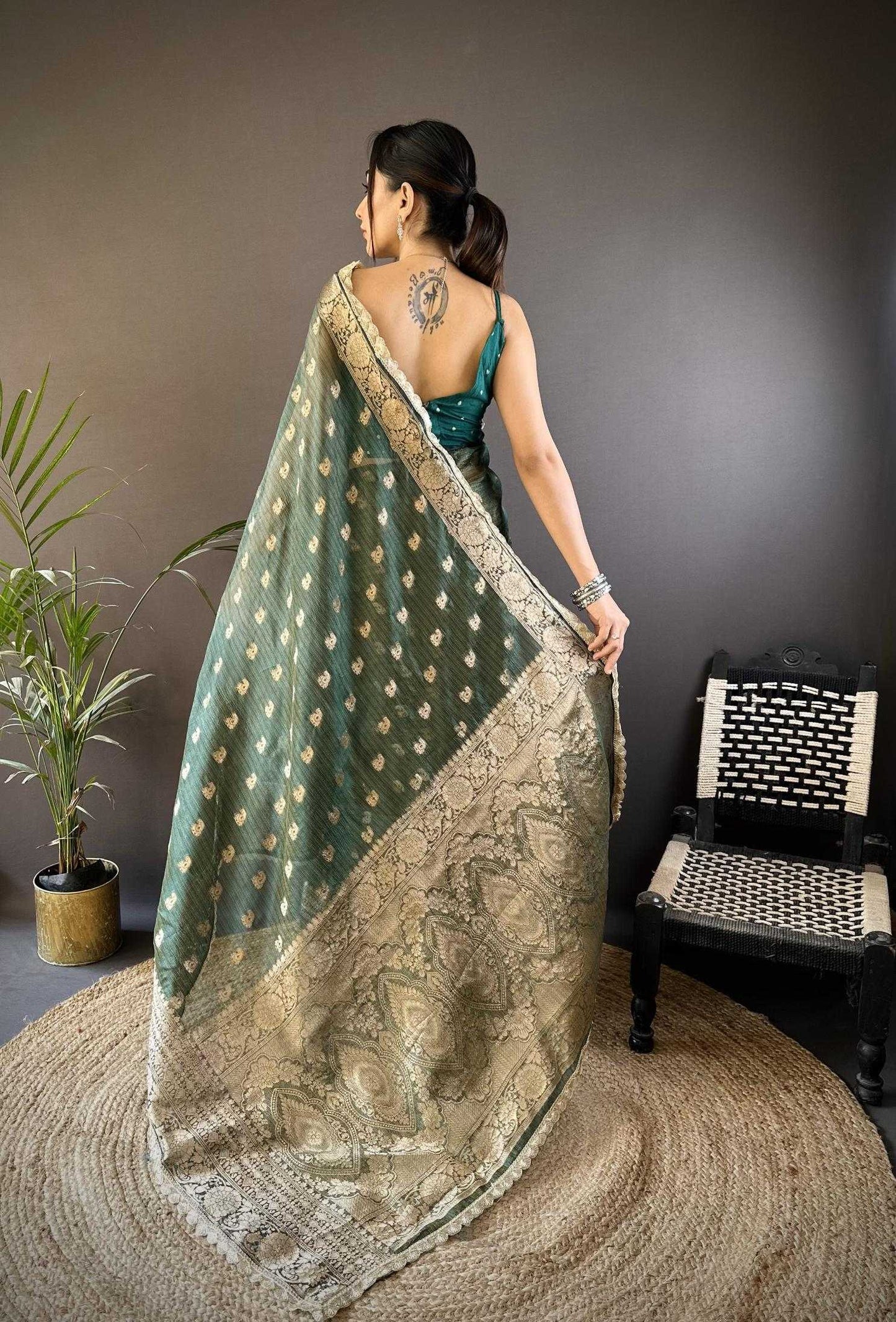 Tea Green Banaras Tissue Silk Saree