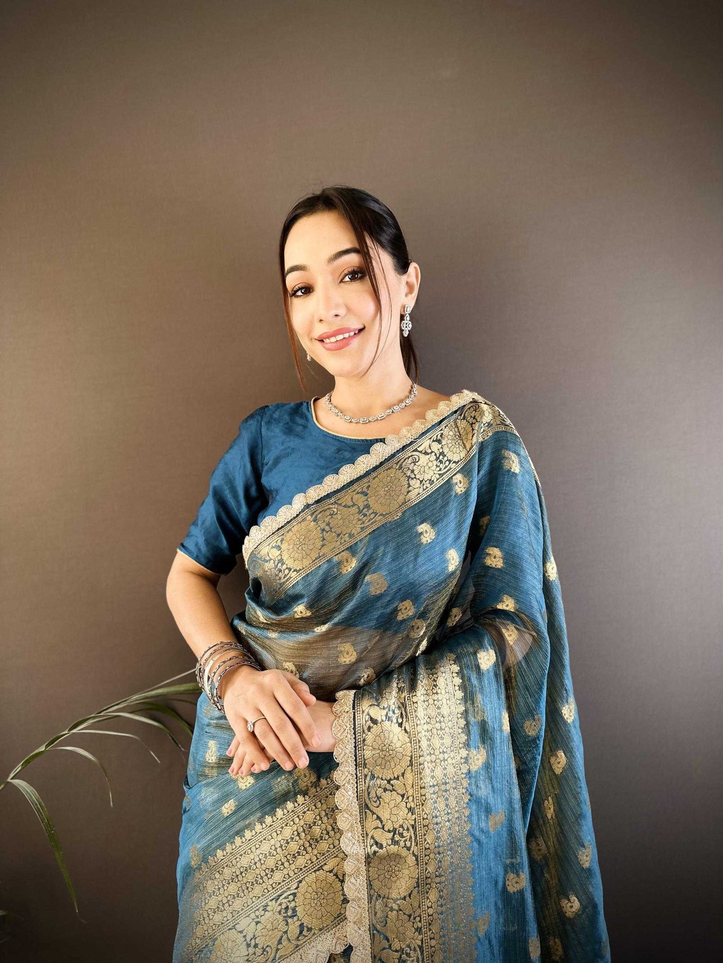 Navy Blue Banaras Tissue Silk Saree