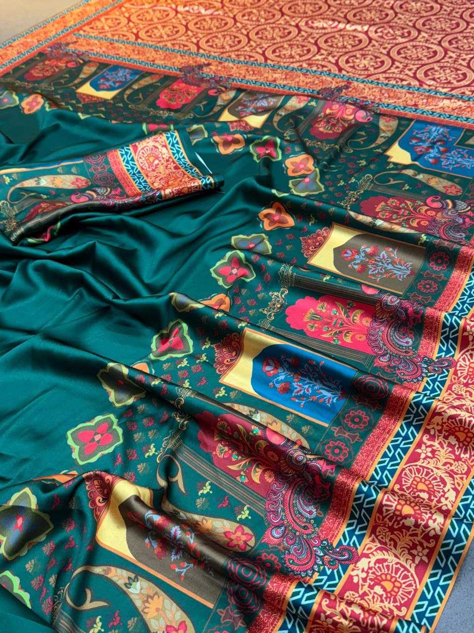 Ajrakh Print model silk fabric (semi gaji) Green Saree