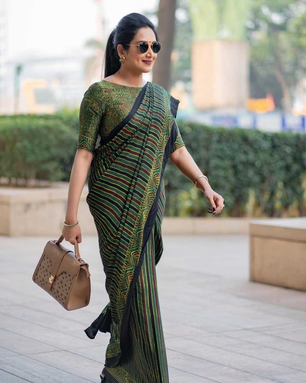 Digital Print Border Semi Gajji Green Silk Saree