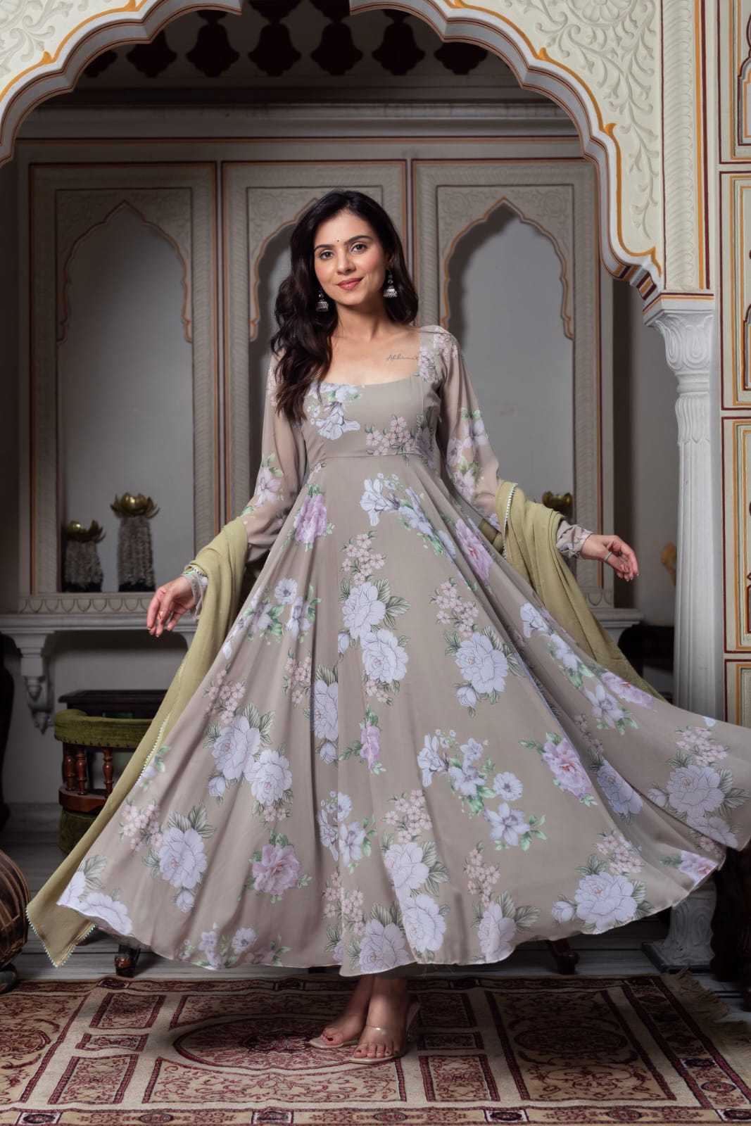 Multi Floral Light Brown Anarkali Gowns