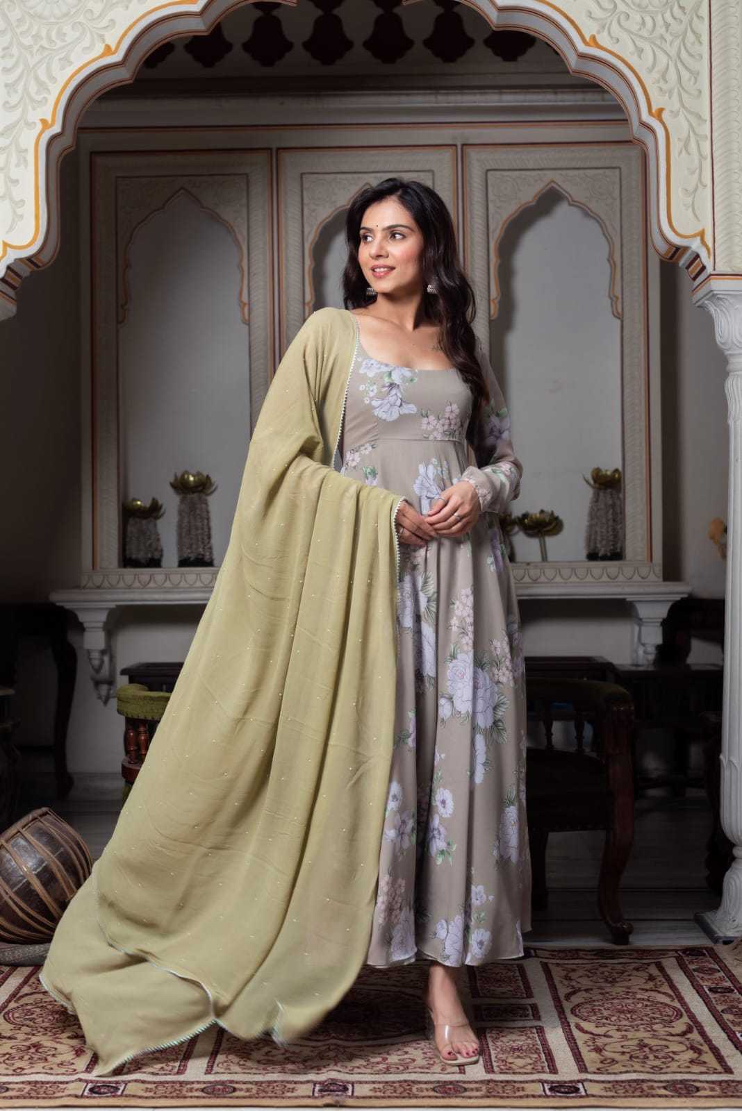 Multi Floral Light Brown Anarkali Gowns