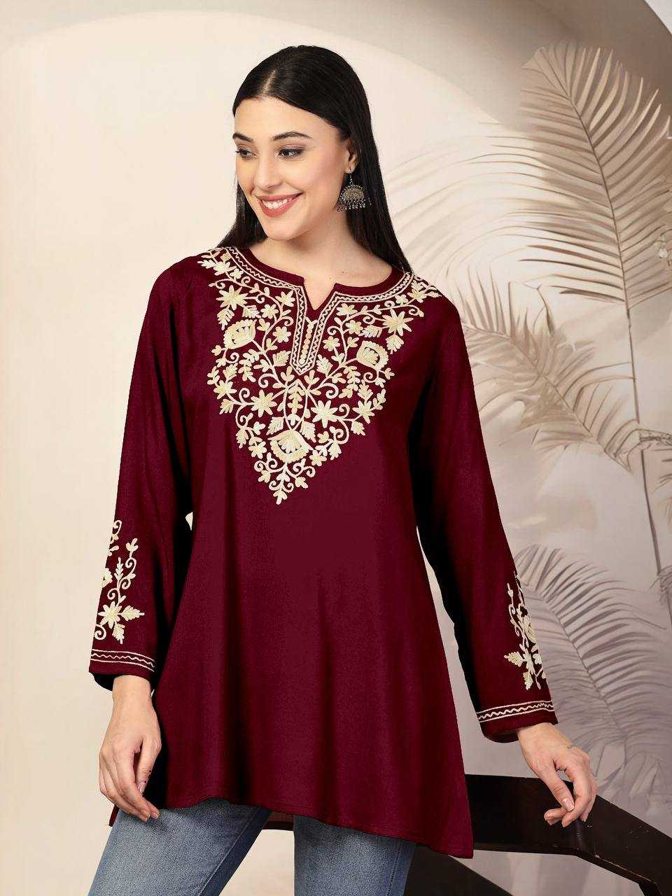 Heavy Rayon Maroon Kurti With embroidery work Neck and Sleeves