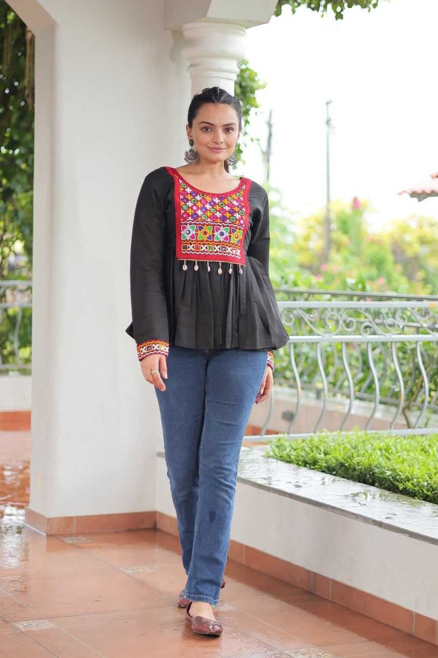 Roman fabric with Kutchi Gamthi Work Black Kurti