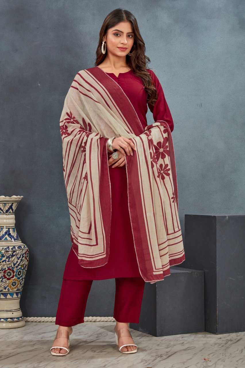 Heavy Roman Silk With Floral Dupatta Maroon Kurthi Set