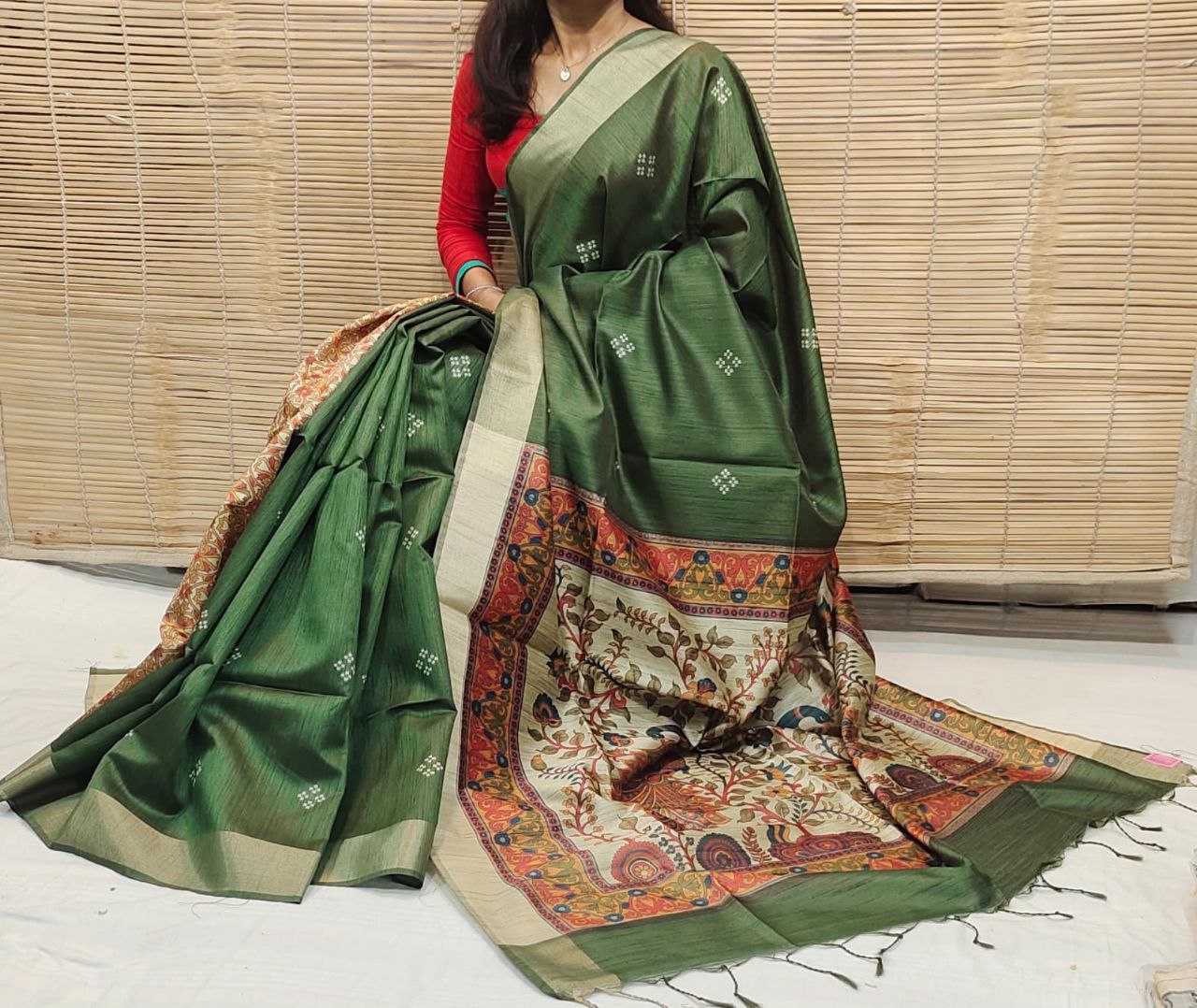 Soft Khadi Raw Silk Green saree with kalamkari peacock hand print