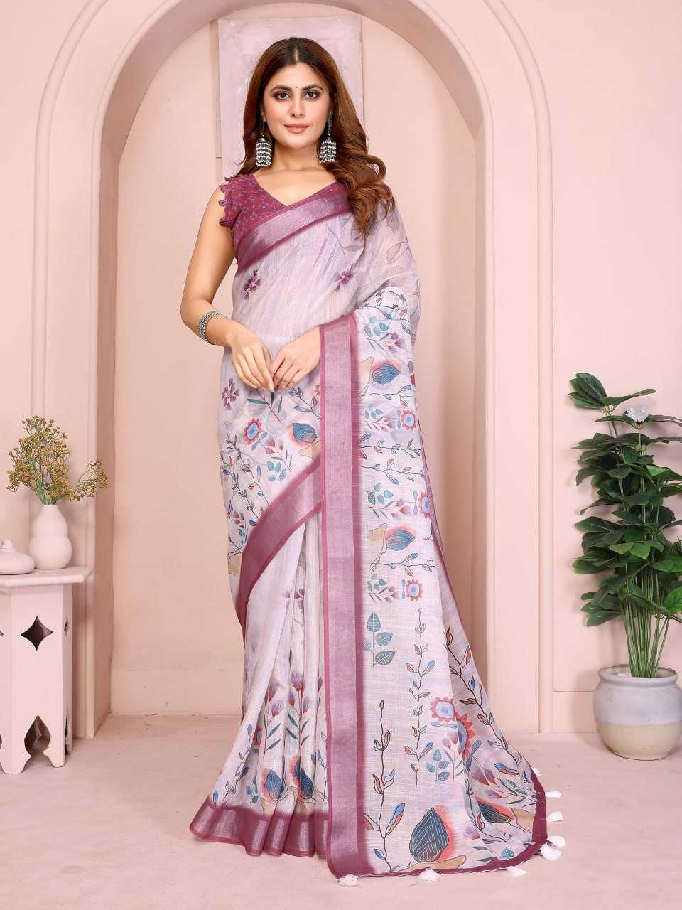 Pastel lavender base with Multicolor Floral Print and Wine-Purple Border