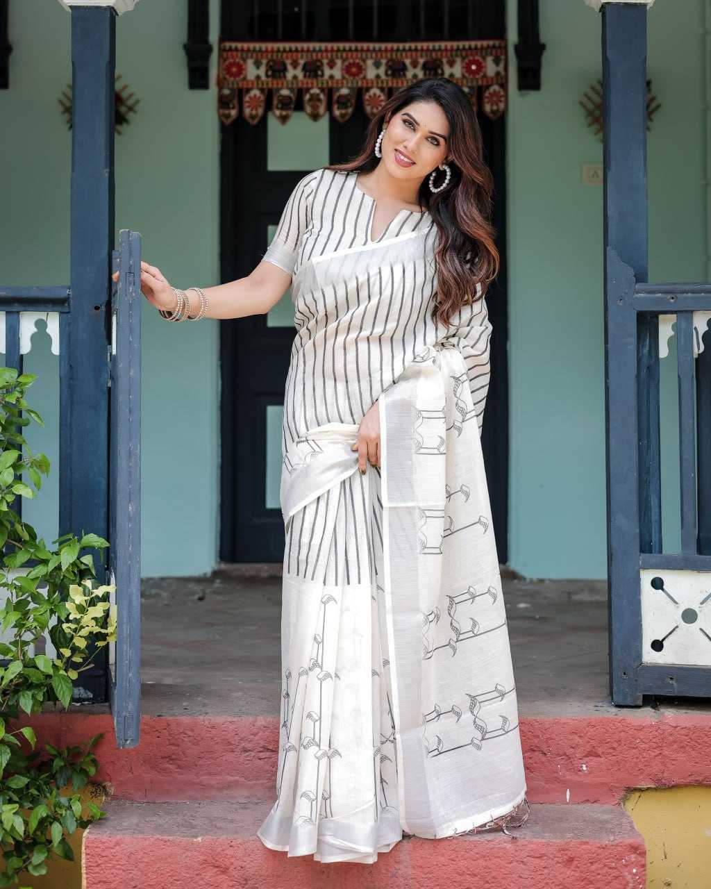 Vertical Stripes White Cotton Linen Blend Saree