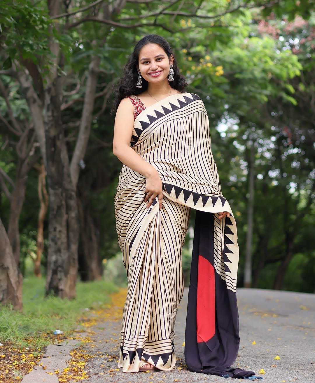 Biege Color Striped Silk Saree