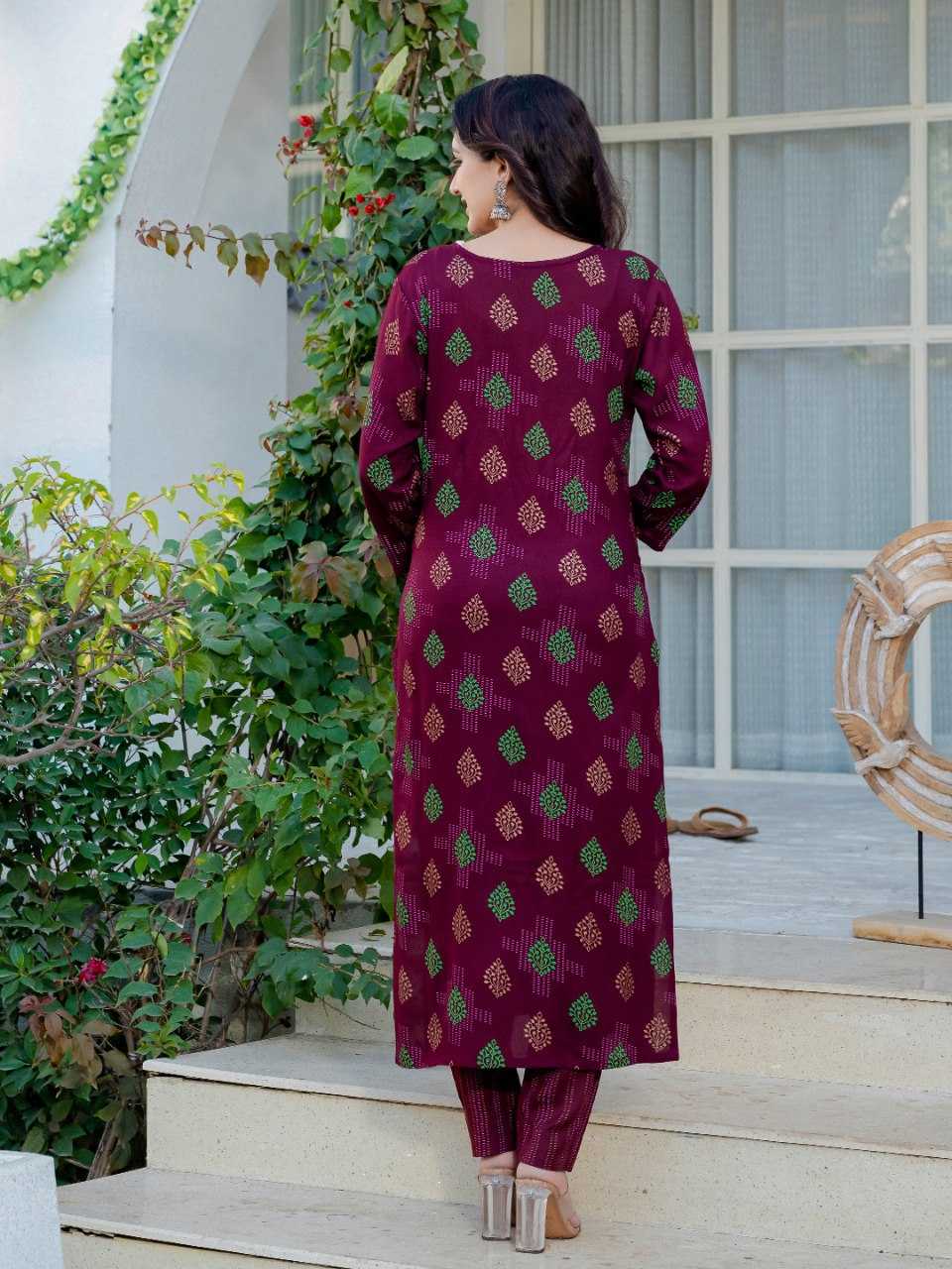 Wine Kurti with Leaf Embroidery Print