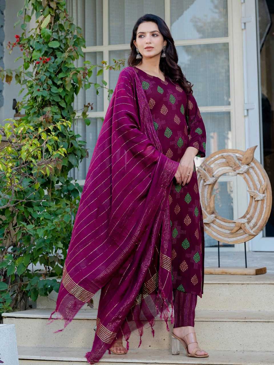 Wine Kurti with Leaf Embroidery Print