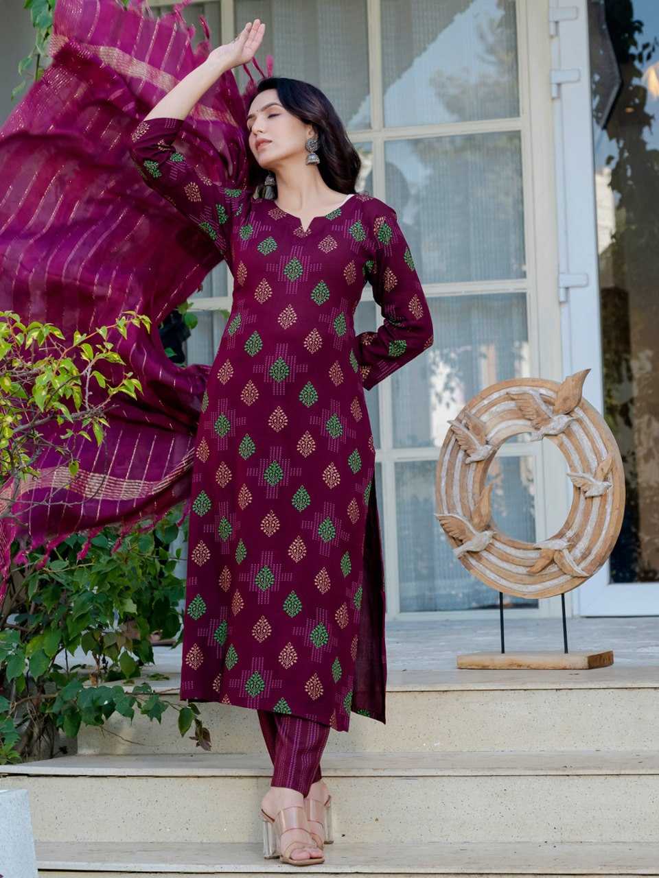 Wine Kurti with Leaf Embroidery Print