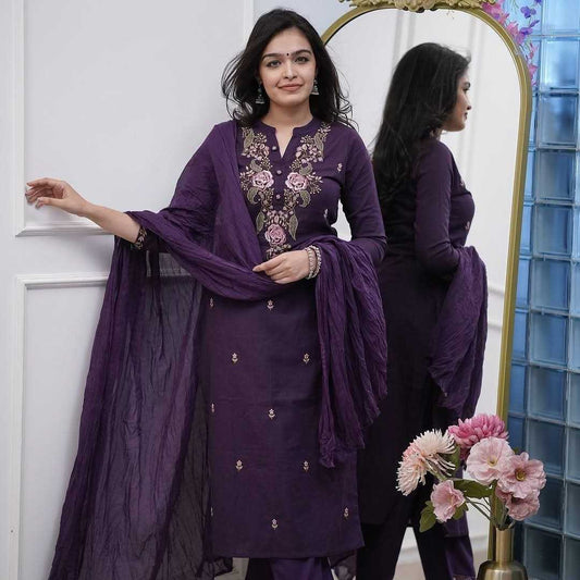 Reyon-Slub Embroidered Reyon-Slub Kurtha Set
