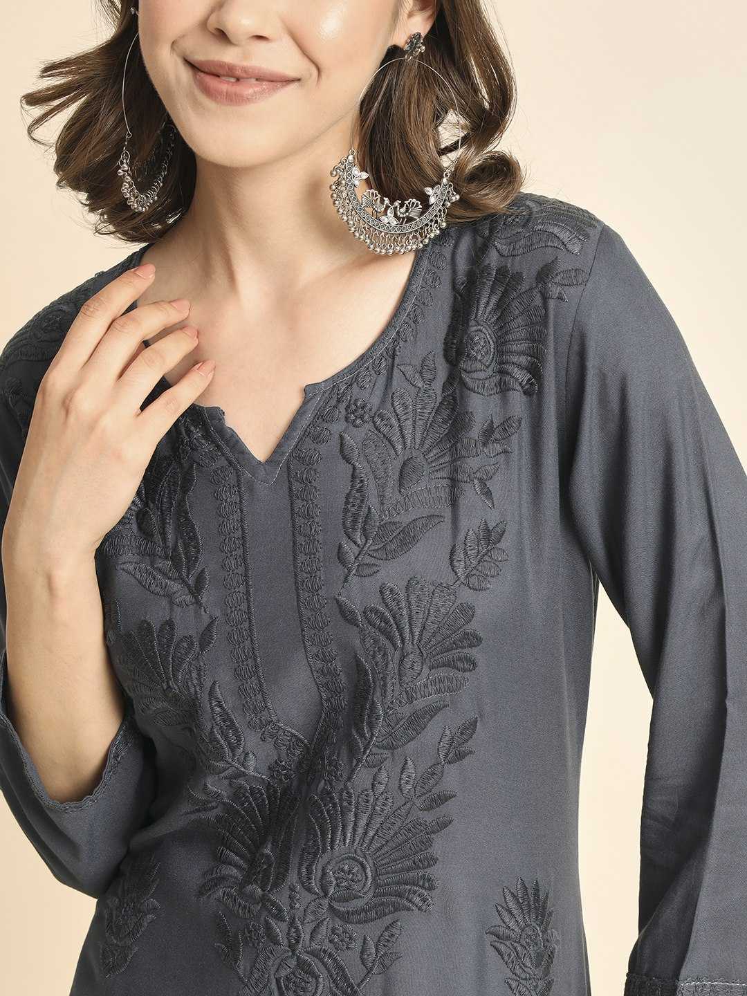 Grey Rayon Lucknowi Chikankari Kurti