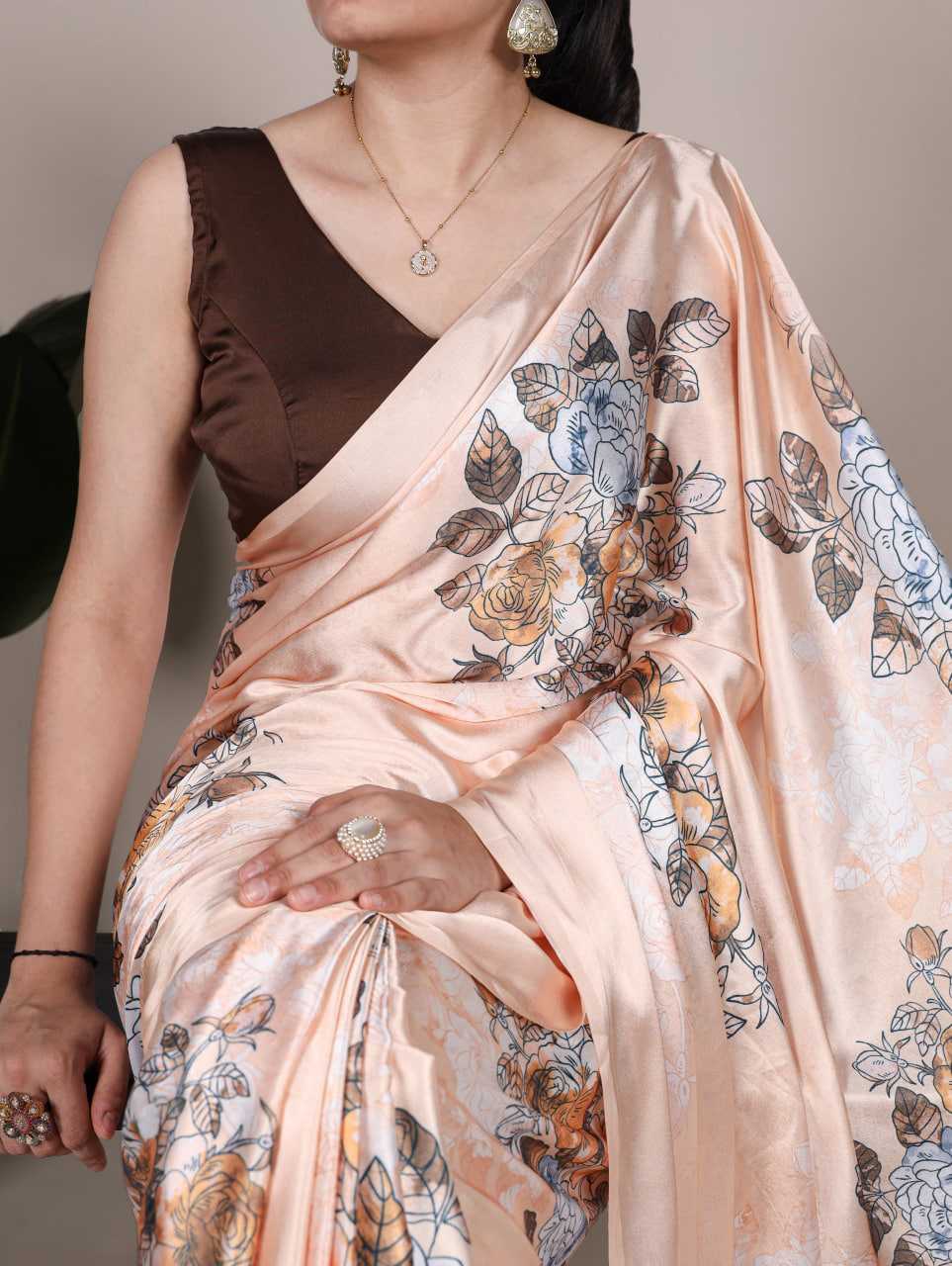 Cream Satin Printed Saree