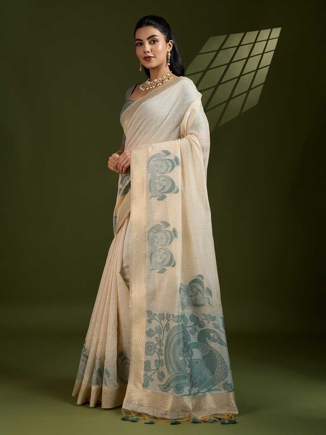Premium soft Muga Silver Cotton saree with traditional kalamkari peacock