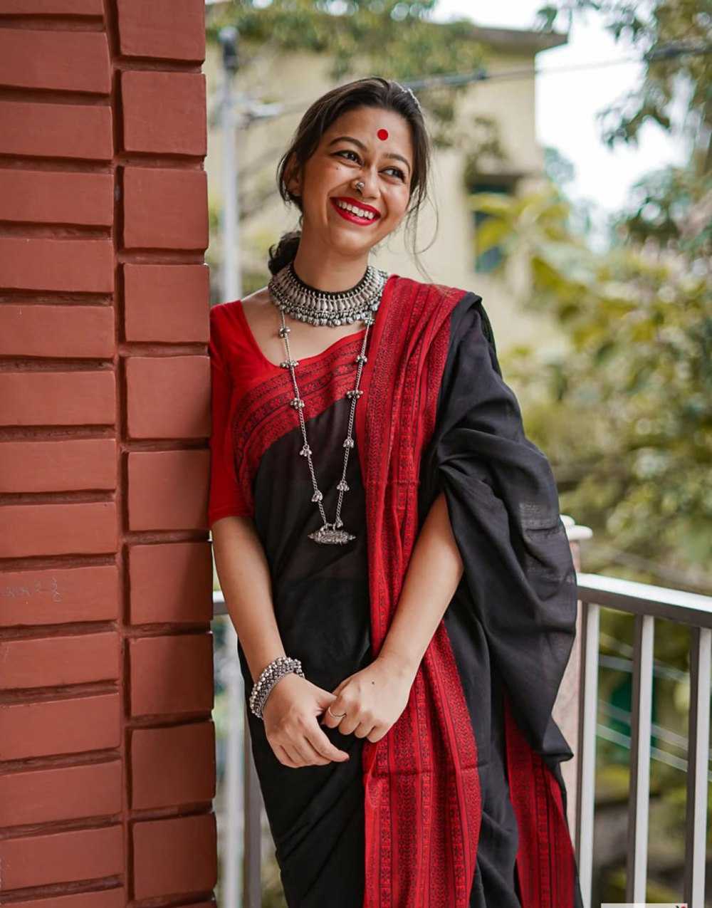 Soft Cotton Manipuri Black and Red Saree