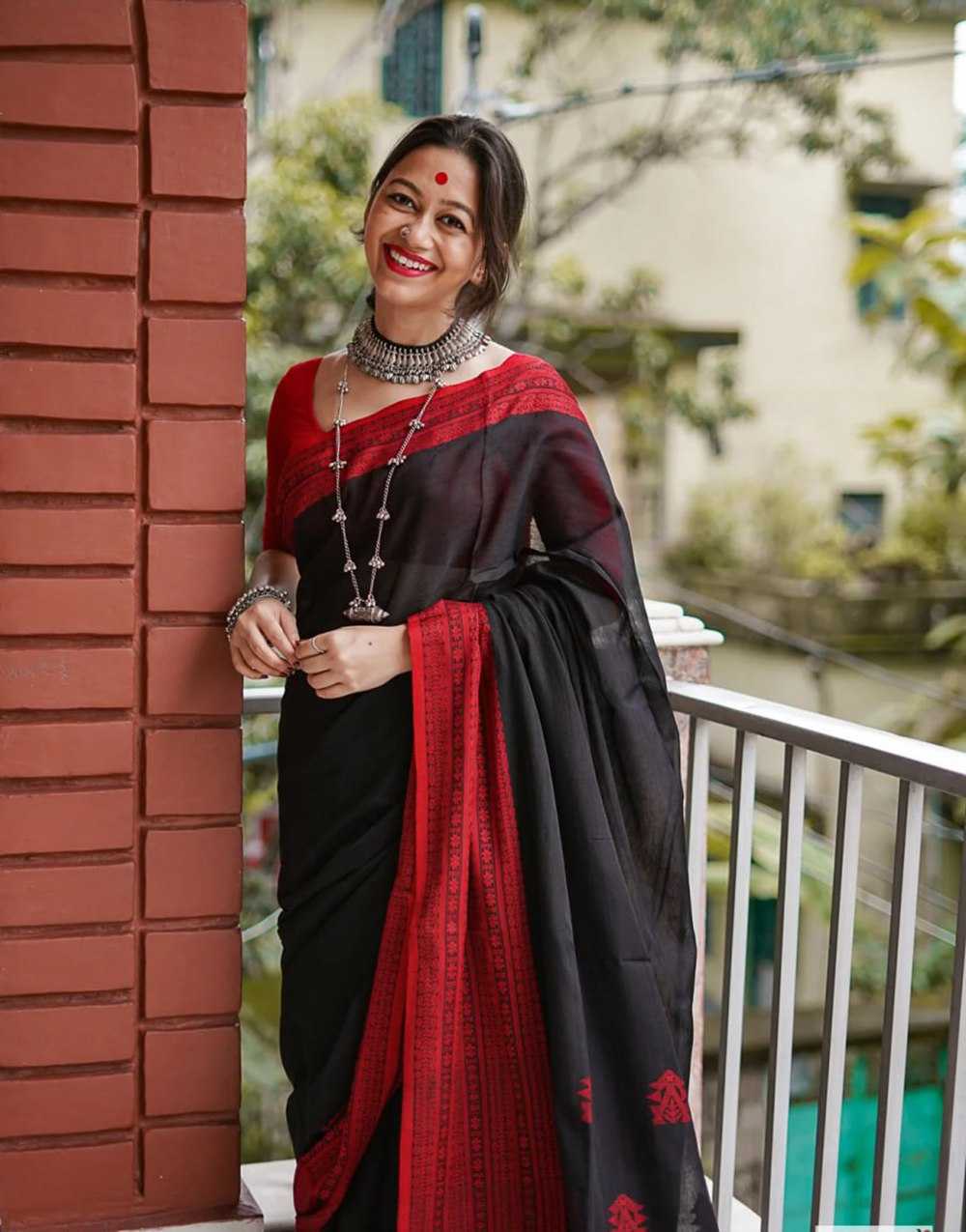 Soft Cotton Manipuri Black and Red Saree