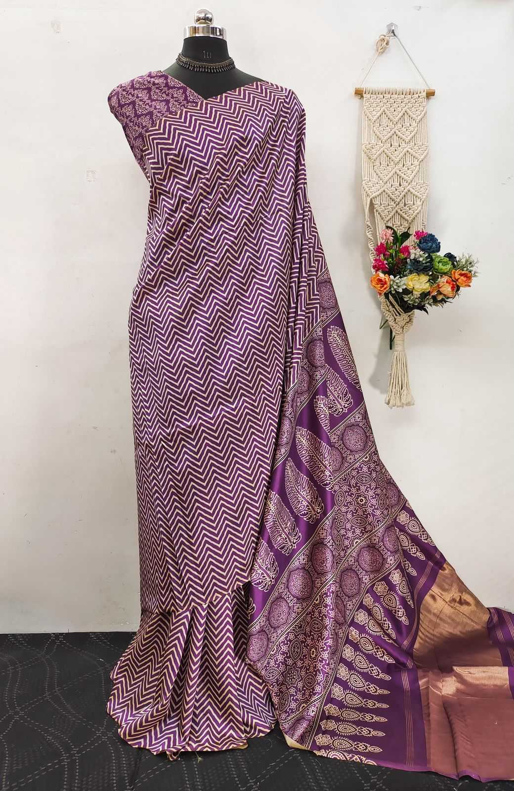 Ajrakh Printed Wine Saree with Jari Weaving Ladgda Patta
