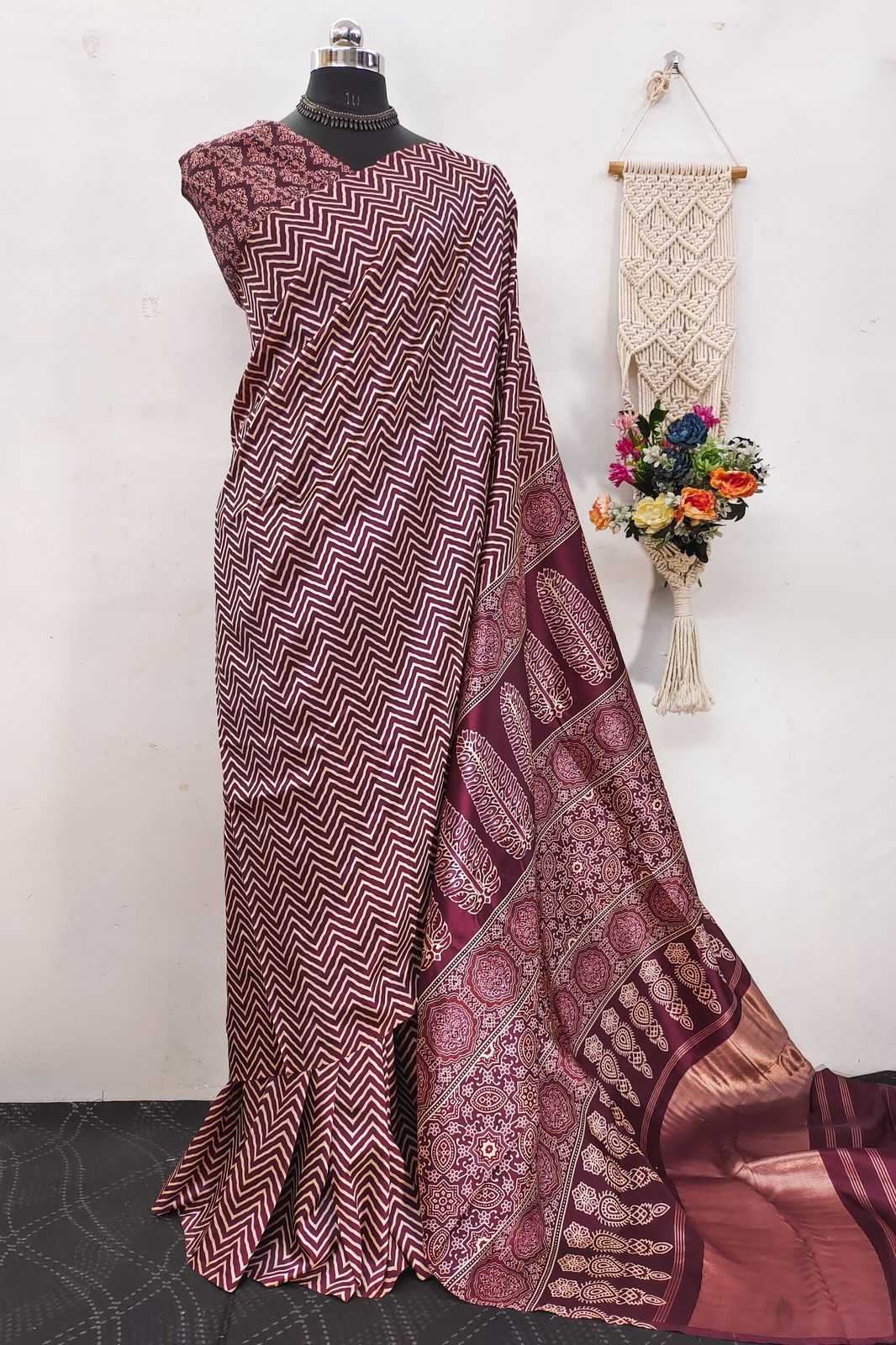 Ajrakh Printed Dark Wine Saree with Jari Weaving Ladgda Patta