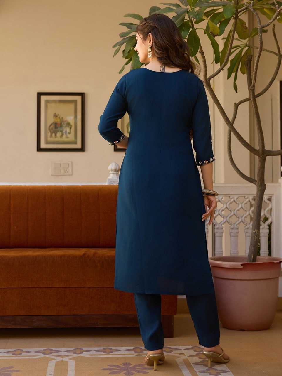 Navy Blue Viscose Chanderi Kurti set