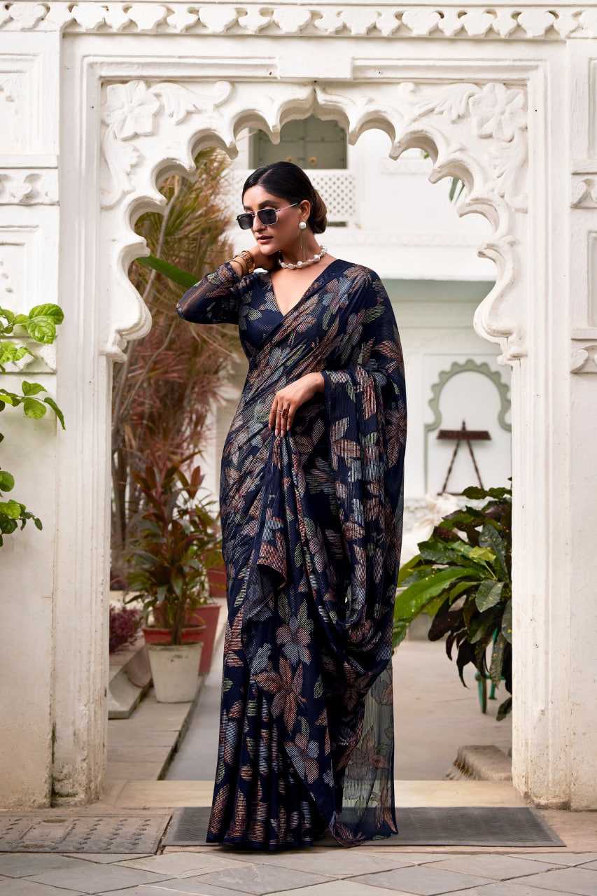 Floral Viscose Lurex Brasso Navy Blue Saree