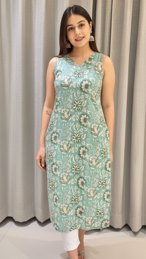Sky Green Floral Printed Cotton Kurti