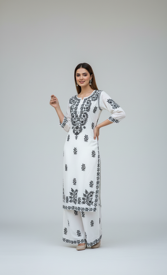Floral White Maslin Kurti