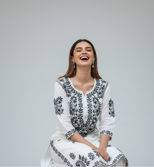 Floral White Maslin Kurti