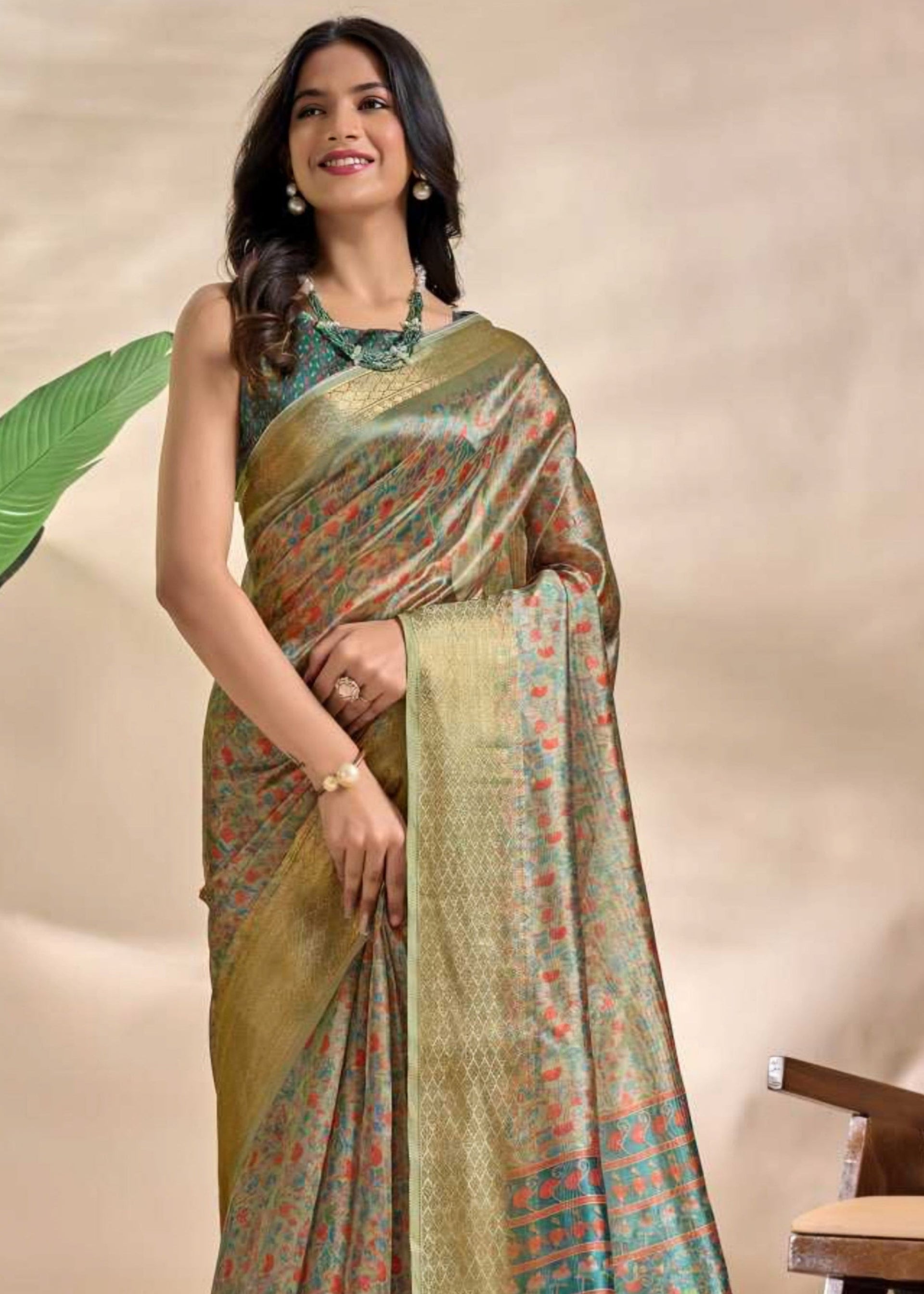 Olive Green with Teal - Soft Silk Party Wear