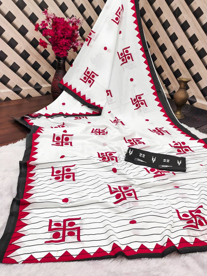 White Bandhani Cotton Linen Saree