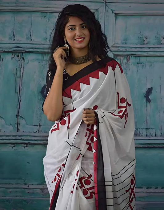 White Bandhani Cotton Linen Saree