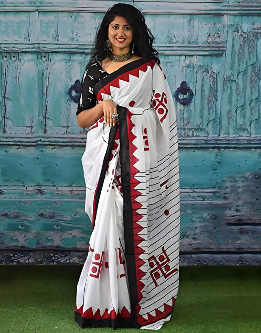 White Bandhani Cotton Linen Saree