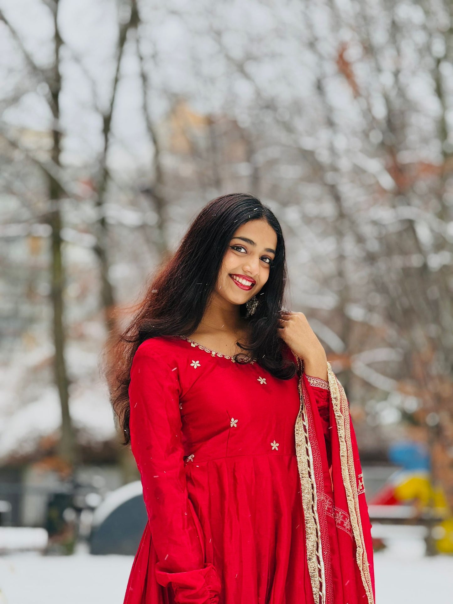 Red Chinon Silk Anarkali Suit Set